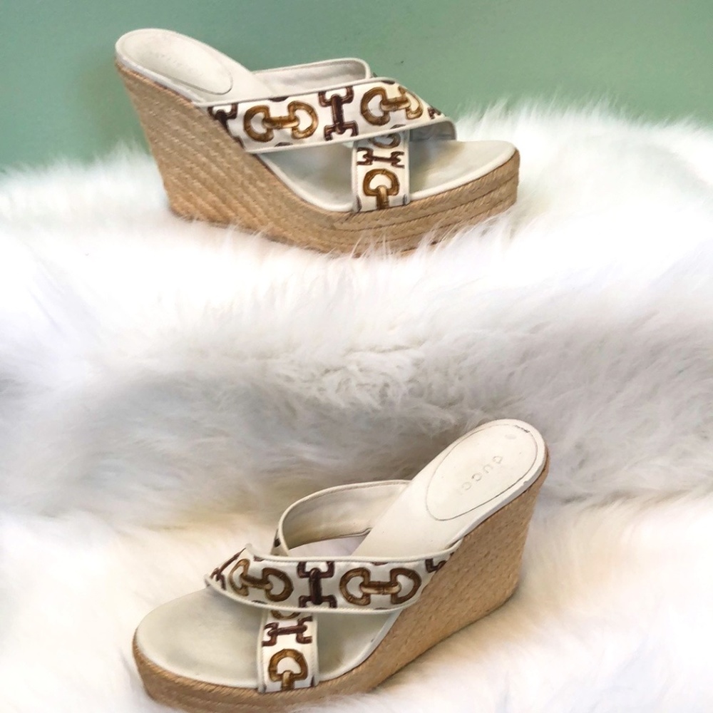 Gucci White Leather Espadrille Wedge Sandals with Brown Logo Trim
